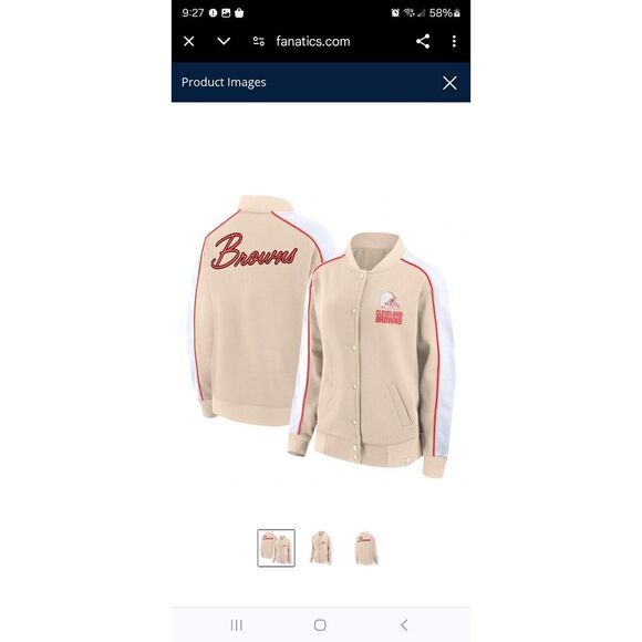 NWT Cleveland Browns Fanatics Women's Lounge Full-Snap Varsity Jacket Tan Sz‎ Lg - Picture 1 of 3